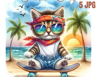 Summer Cat jpg, colorful cat watercolor sublimation digital Download, cat Sublimation design, sublimation, png for sublimation designs