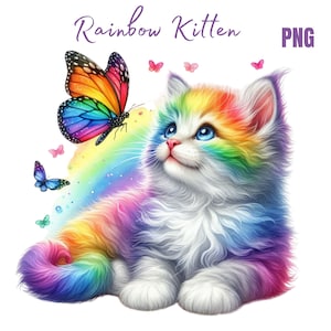 Clipart chaton couleur arc-en-ciel aquarelle, chaton papillon coloré PNG pour T-shirt, mug, verre à sublimation et scrapbooking, art numérique