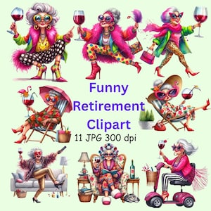 Pacchetto di clipart divertenti per signore in pensione: 11 illustrazioni JPG di nonne spiritose amanti del vino per feste di pensionamento