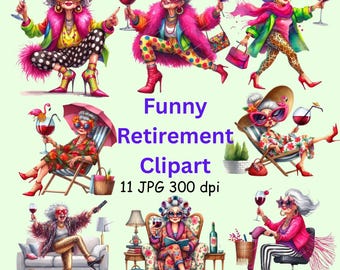 Funny Retirement Lady Clipart Bundle: 11 sassy wine grandma JPG illustrations for retirement parties