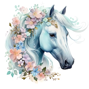 Clipart cheval floral aquarelle, cheval floral Png, cheval aquarelle Png, fabrication de cartes, art mural, art cheval floral, PNG numérique