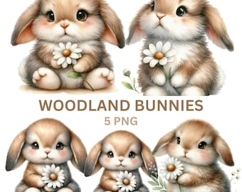 Woodland Bunny with Daisy Clipart – Pastel Watercolor Animal PNG for Baby Shower, Baby Bunny, Rabbit Clipart, Bunny with Flower, Cute Bunny