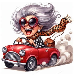Puede incluir: Ilustración de dibujos animados de una mujer con pelo gris y gafas de sol rojas grandes conduciendo un descapotable rojo. Lleva una blusa de lunares blancos y negros y una bufanda con estampado de leopardo. Un bolso marrón está en el asiento del pasajero.
