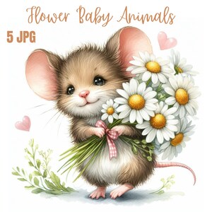 JPG, schattige baby dieren met bloemen clipart bundel, olifant clipart, kitten clipart, paard clipart, fox, clipart, muis clipart
