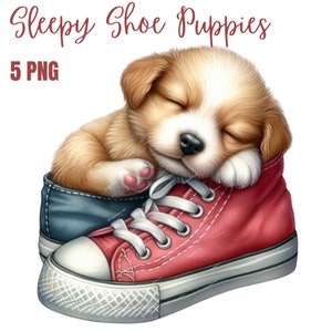 Puppies Sleeping in Shoes Clipart,High Quality PNGs,cute png Nursery Art, Digital Planner,Watercolor,Card Making,Journaling,Digital Download