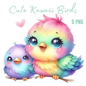 Imágenes prediseñadas de pájaros kawaii, pájaros de café esponjosos, imágenes prediseñadas digitales, imágenes prediseñadas de acuarela, PNG de alta calidad, imágenes prediseñadas imprimibles, descarga digital