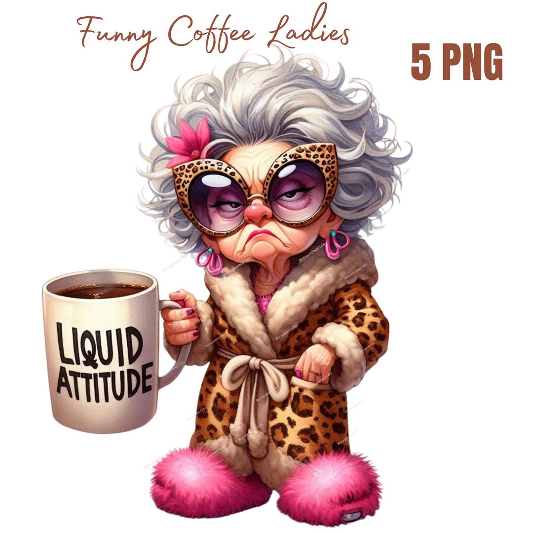 Cozy Coffee Lady Clipart | Funny Older Woman PNG | Cute Granny Coffee ...