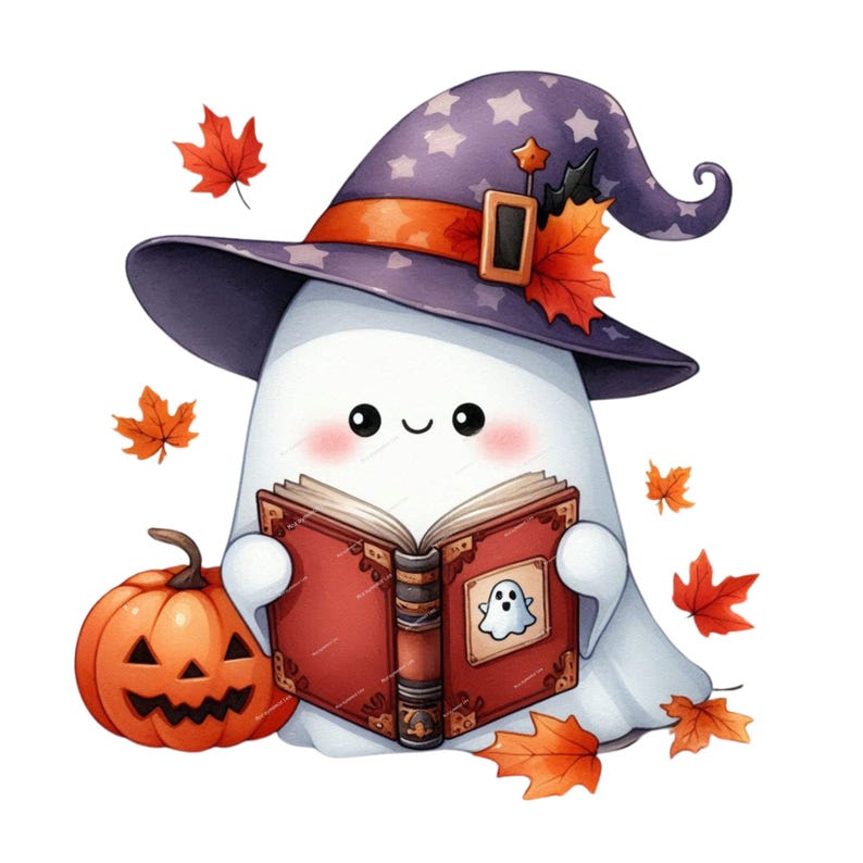 Op de afbeelding: Een schattig cartoon-spookje dat een paarse heksenhoed draagt met oranje en zwarte accenten en een rood boek vasthoudt met een spookillustratie. Het spookje heeft een gelukkige uitdrukking en is omringd door oranje en rode herfstbladeren.