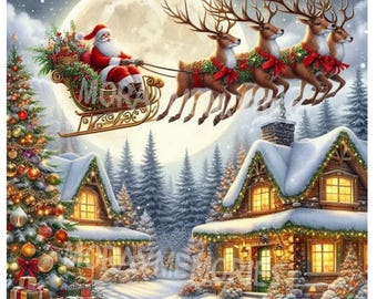 Flying Santa Clipart Bundle – 10 JPGs, Christmas Sleigh with Reindeer, Digital Download for Stickers, Scrapbooking, Crafts & Sublimation