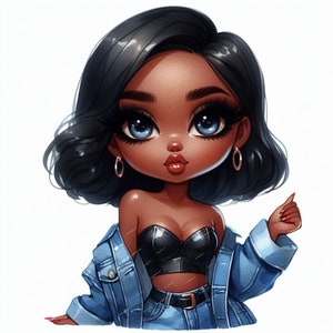 K&ouml;nnte beinhalten: Eine Cartoon-Illustration einer Frau mit dunkelbraunen Haaren, blauen Augen und roten Lippen. Sie tr&auml;gt ein schwarzes Ledertop, eine blaue Jeansjacke und eine blaue Jeans.