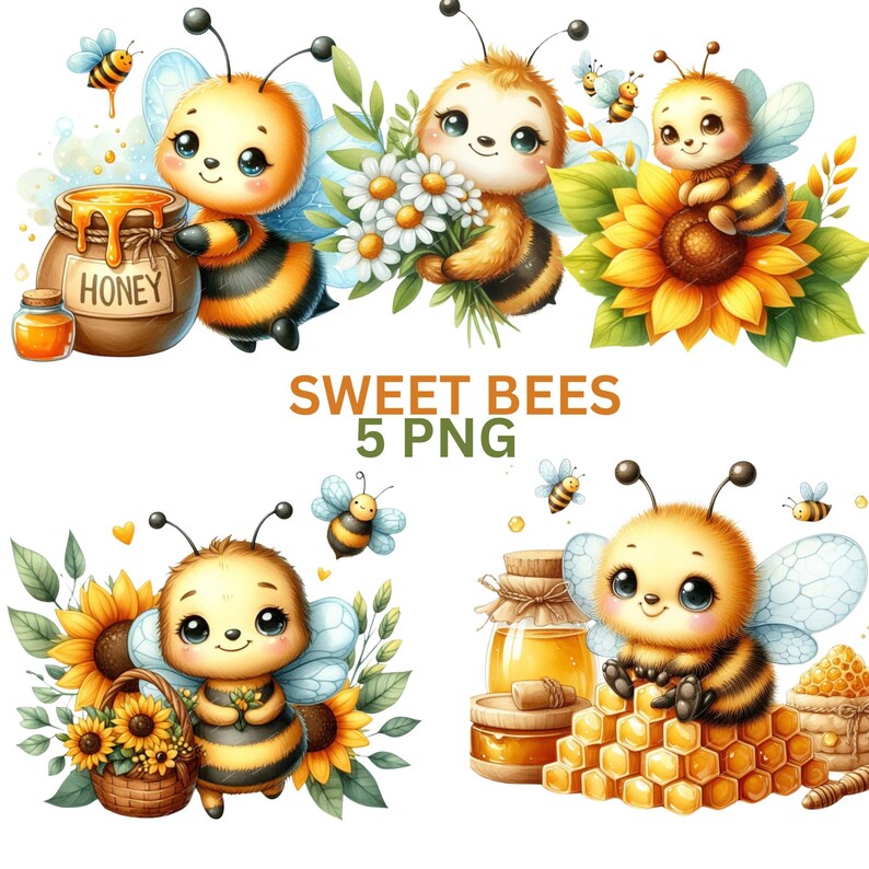 Sweet Bees Clipart Bundle PNG – Cute Honey Bee Clipart Set, Adorable ...