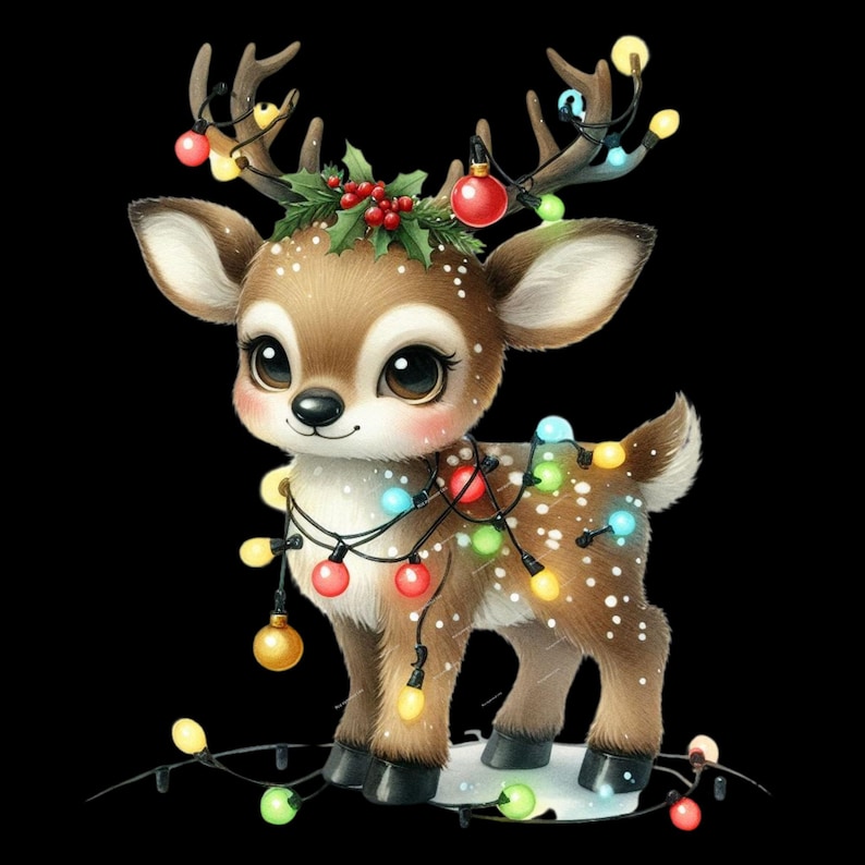 Puede incluir: Un lindo ciervo de dibujos animados con ojos grandes, pelaje marr&oacute;n y manchas blancas. El ciervo est&aacute; adornado con una cadena de luces navide&ntilde;as de colores y una corona de acebo y bayas en sus cuernos. El fondo es negro.