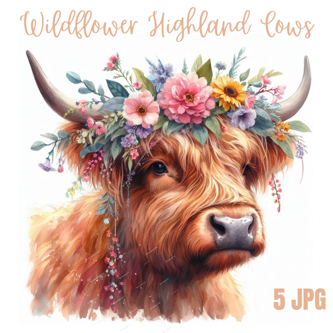 Highland Cow With Wildflower Crown Clipart, High Quality Jpgs, Digital ...