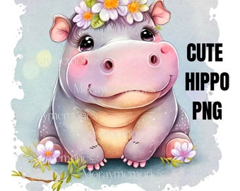 Hippo, Girl Hippo with Flowers Picture Image, hippo clipart, hippo png, hippo art, hippo Watercolor, safari clipart, nursery clipart