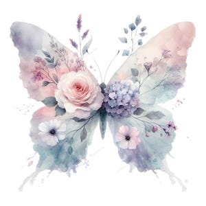 May include: Watercolor illustration of a butterfly with wings in shades of blue, pink, and purple. The butterfly's body is adorned with a large pink rose, blue hydrangea, and other delicate flowers and foliage, creating a whimsical and artistic design.