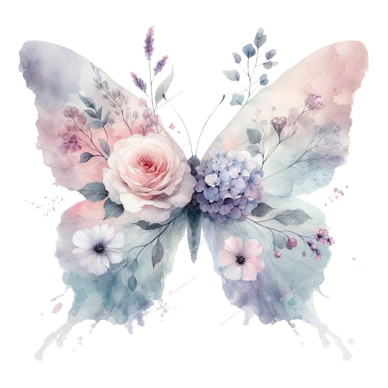 May include: Watercolor illustration of a butterfly with wings in shades of blue, pink, and purple. The butterfly's body is adorned with a large pink rose, blue hydrangea, and other delicate flowers and foliage, creating a whimsical and artistic design.