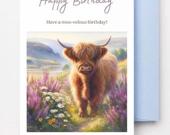 Printable Highland Cow Birthday Card | Scottish Wildflower Meadow Greeting Card | Cottagecore Floral Cow Birthday | Instant Download