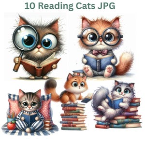 Quirky Reading Cat Clipart Bundle – 10 High-Resolution Watercolor JPGs | Digital Download for Junk Journaling, Scrapbooking & Card Making