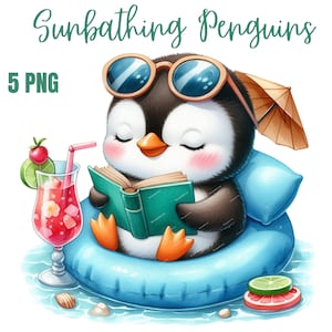 Imágenes prediseñadas de pingüino de playa, pájaro caprichoso PNG, arte vibrante con ambiente playero de vacaciones, decoración relajante de aves tropicales, diseño de sublimación de verano