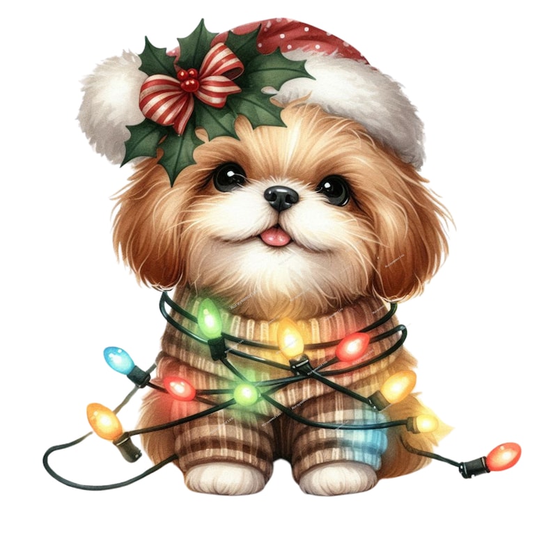 May include: A watercolour illustration of a small, fluffy dog wearing a Santa hat with holly and a striped bow. The dog is wrapped in a string of colourful Christmas lights and wearing a brown and tan sweater.