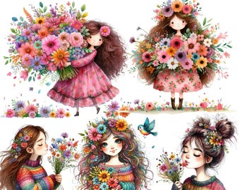 12 JPG Watercolor Flower Delivery Clipart Set, Floral Illustrations for Card Making, Scrapbooking, Junk Journals, Digital Download
