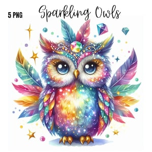 Bundle de cliparts PNG hibou, clipart sublimation hibou mousseux, hiboux colorés, oeuvre d'art de hibou, hibou imprimable, téléchargement numérique