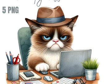 Imágenes prediseñadas de gato gruñón en acuarela, imágenes prediseñadas de animales gruñones en formato PNG, imágenes prediseñadas de gatos en formato PNG, imágenes prediseñadas de animales gruñones divertidos, uso comercial.