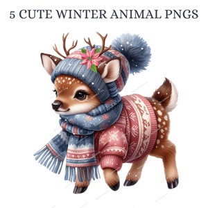 Imágenes prediseñadas de animales lindos de invierno en acuarela, animales con ropa de invierno PNG, animales del país de las maravillas invernal PNG, sublimación de animales para uso comercial