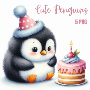 Aquarell süßer Pinguin Clipart Bundle, süßer schlafender Pinguin, Pinguine Liebhaber Geburtstag, Babyparty PNG