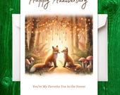 Fox Anniversary Card Printable | Romantic Woodland Fox Couple Watercolor Under Fairy Lights | Cottagecore Forest Love Greeting Card Digital