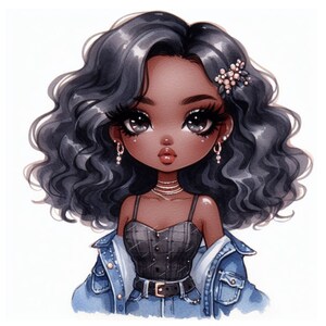 K&ouml;nnte beinhalten: Eine digitale Illustration einer jungen Frau mit dunkelbrauner Haut, langen schwarzen Locken und gro&szlig;en braunen Augen. Sie tr&auml;gt ein schwarzes Tanktop, eine blaue Jeansjacke und einen schwarzen G&uuml;rtel. Sie hat eine kleine Blume im Haar.