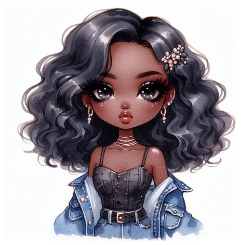 K&ouml;nnte beinhalten: Eine digitale Illustration einer jungen Frau mit dunkelbrauner Haut, langen schwarzen Locken und gro&szlig;en braunen Augen. Sie tr&auml;gt ein schwarzes Tanktop, eine blaue Jeansjacke und einen schwarzen G&uuml;rtel. Sie hat eine kleine Blume im Haar.