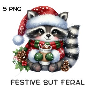 Clipart Noël raton laveur, PNG de haute qualité, festif mais sauvage, chemise PNG, fabrication de cartes, livre de souvenirs, journaux indésirables, albums de coupures, sublimation