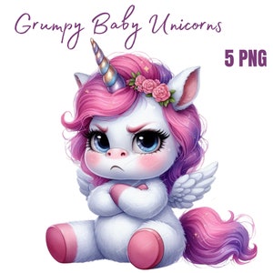 Clipart de unicornio bebé gruñón, clip art de arcoíris, acuarela PNG, unicornio lindo, diario basura, creación de tarjetas, imprimible por sublimación