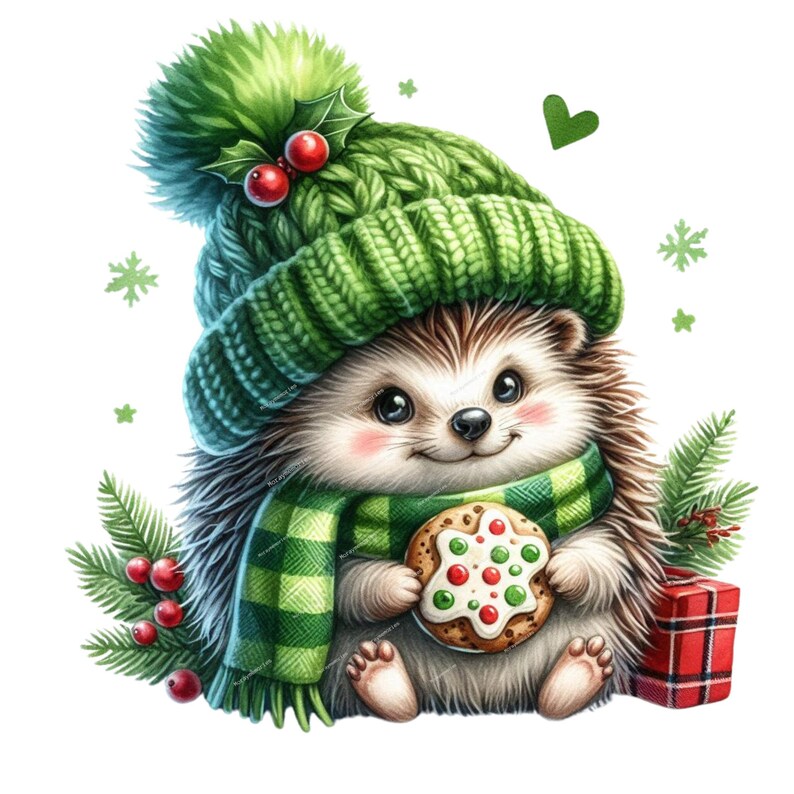 K&ouml;nnte beinhalten: Ein niedlicher Comic-Igel, der einen gr&uuml;nen Strickhut mit rotem Stechpalmen-Beeren-Detail und einen gr&uuml;n-wei&szlig;en Schal tr&auml;gt und ein Lebkuchen-Kekse h&auml;lt, das mit rotem und gr&uuml;nem Zuckerguss verziert ist.