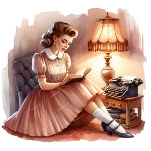 Vintage Literary Girl Clipart  Retro Book Lover Illustration Instant Digital Download Bookish Girl PNG Digital Art for Crafters High Quality