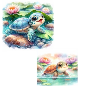 May include: Two adorable cartoon turtles in a watercolor style setting. The first turtle is blue and green, sitting on a rock with water lilies in the background. The second turtle is brown and orange, swimming in a pond with water lilies.