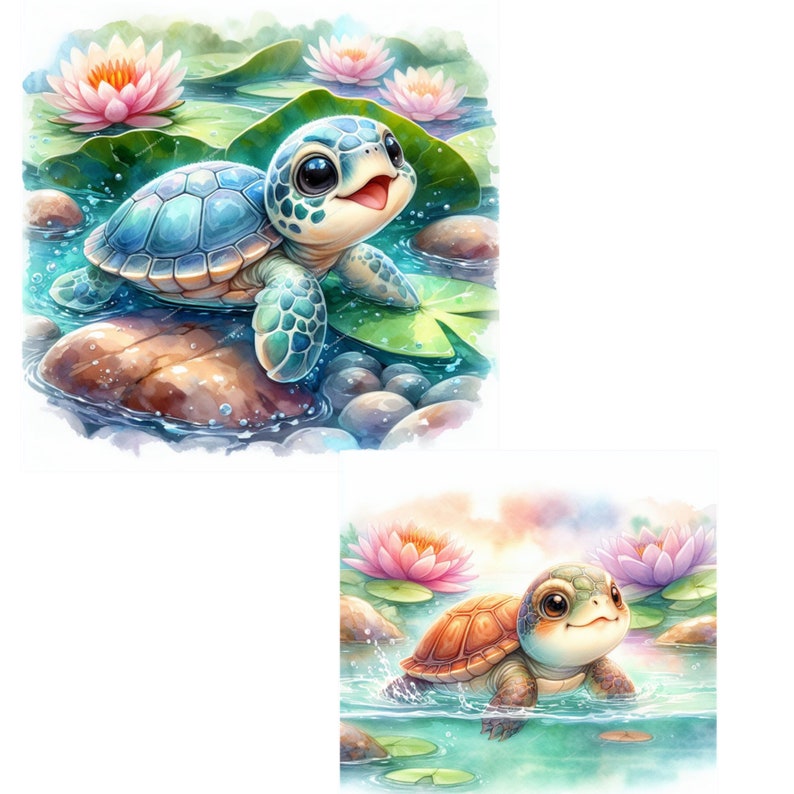 May include: Two adorable cartoon turtles in a watercolor style setting. The first turtle is blue and green, sitting on a rock with water lilies in the background. The second turtle is brown and orange, swimming in a pond with water lilies.