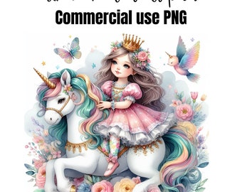 Princesa Niña en Unicornio Clipart, Clip Art de Unicornio, Pony Arcoíris, Descarga Digital, Cuento de Hadas Png, Uso Comercial, Niña, Fiesta Infantil