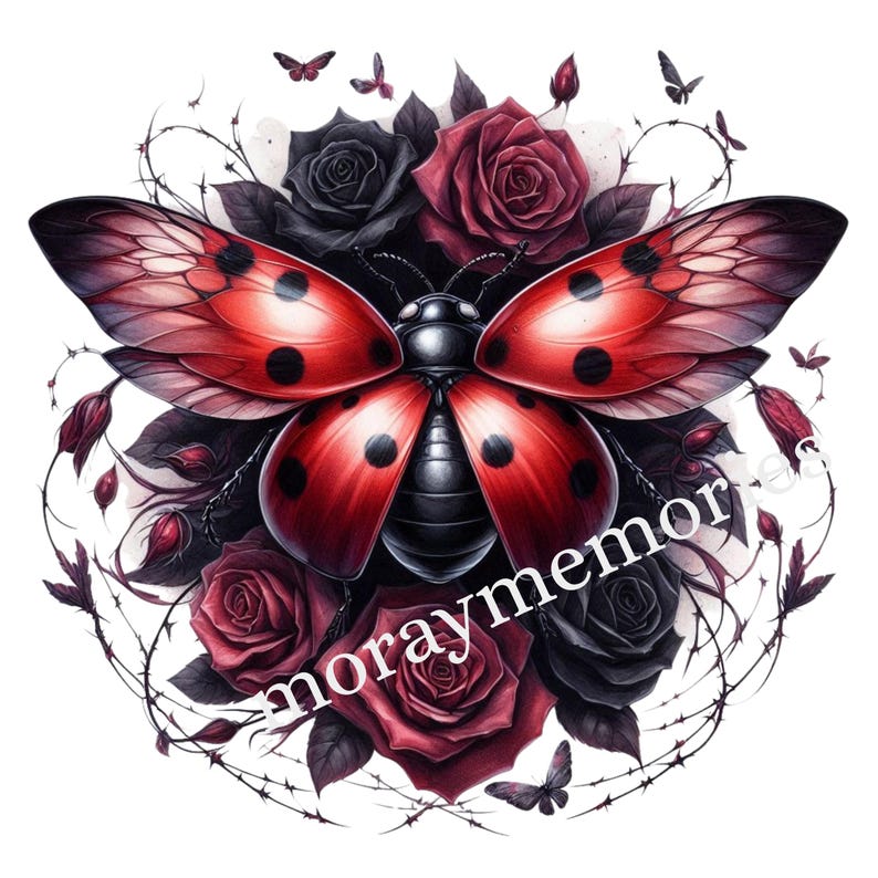 Gothic Ladybug Clipart Bundle PNG - Dark Floral Ladybug, Black Roses ...