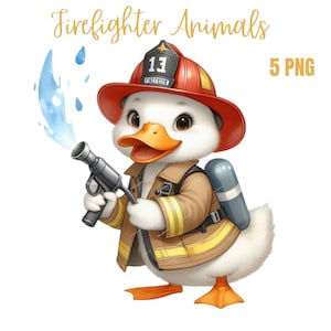 May include: A cartoon duck wearing a red firefighter helmet with the number 13 on it, a brown firefighter jacket with yellow stripes, and a black hose. The duck is holding the hose and spraying water.