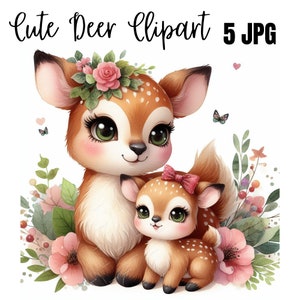 Imágenes prediseñadas de ciervos en acuarela, decoración infantil, ciervos JPG, imágenes prediseñadas de animales en acuarela, ciervos bebés, animales lindos, arte mural imprimible, descarga digital