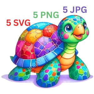 May include: A vibrant cartoon turtle illustration with a multi-coloured shell. The turtle features a green head, orange beak, and blue eyes. The image includes the text "5 SVG", "5 PNG", and "5 JPG".