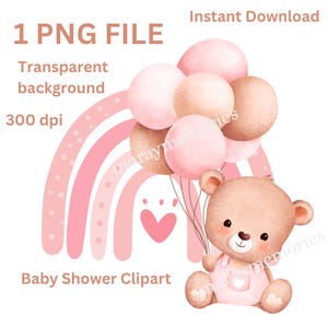 Set di clipart per baby shower con orsacchiotto / Orsacchiotto rosa con palloncino PNG / Clipart carine per cameretta da bambina / Download digitale per baby shower / PNG trasparente