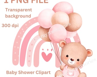 Teddybär-Baby-Dusche-Clipart-Set, rosa Ballon Bär PNG, Kinderzimmer Dekor Clipart, süßes Mädchen-Baby-Dusche-Download, transparente PNG