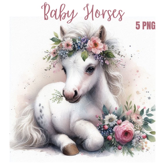 Watercolor Horse, PNG Cute Horse Clipart, Cute animal with flowers, Cute Animal PNG Cute Nursery, Easter Clipart for Commercial Use