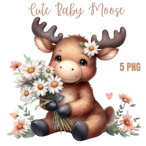 Alce bebé en acuarela, clipart de animales PNG, clipart de alce, paquete de animales bebés, uso comercial