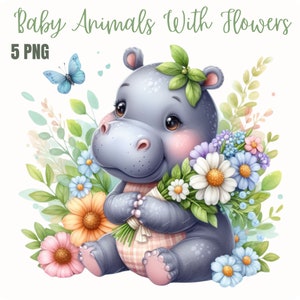 Aquarel babydieren met bloemen collectie clipart, png safari dieren clipart, olifant png, schattige baby dierenbundel, commercieel gebruik