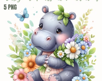 Aquarel babydieren met bloemen collectie clipart, png safari dieren clipart, olifant png, schattige baby dierenbundel, commercieel gebruik