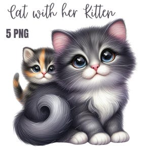 Imágenes prediseñadas de gato con gatito, imágenes prediseñadas de gatito enamorado, imágenes prediseñadas de acuarela imprimibles, PNG de alta calidad, descarga digital, manualidades de papel, diario basura